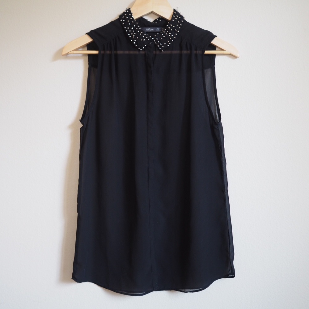 Zara Sheer Black Beaded Collar Sleeveless Blouse